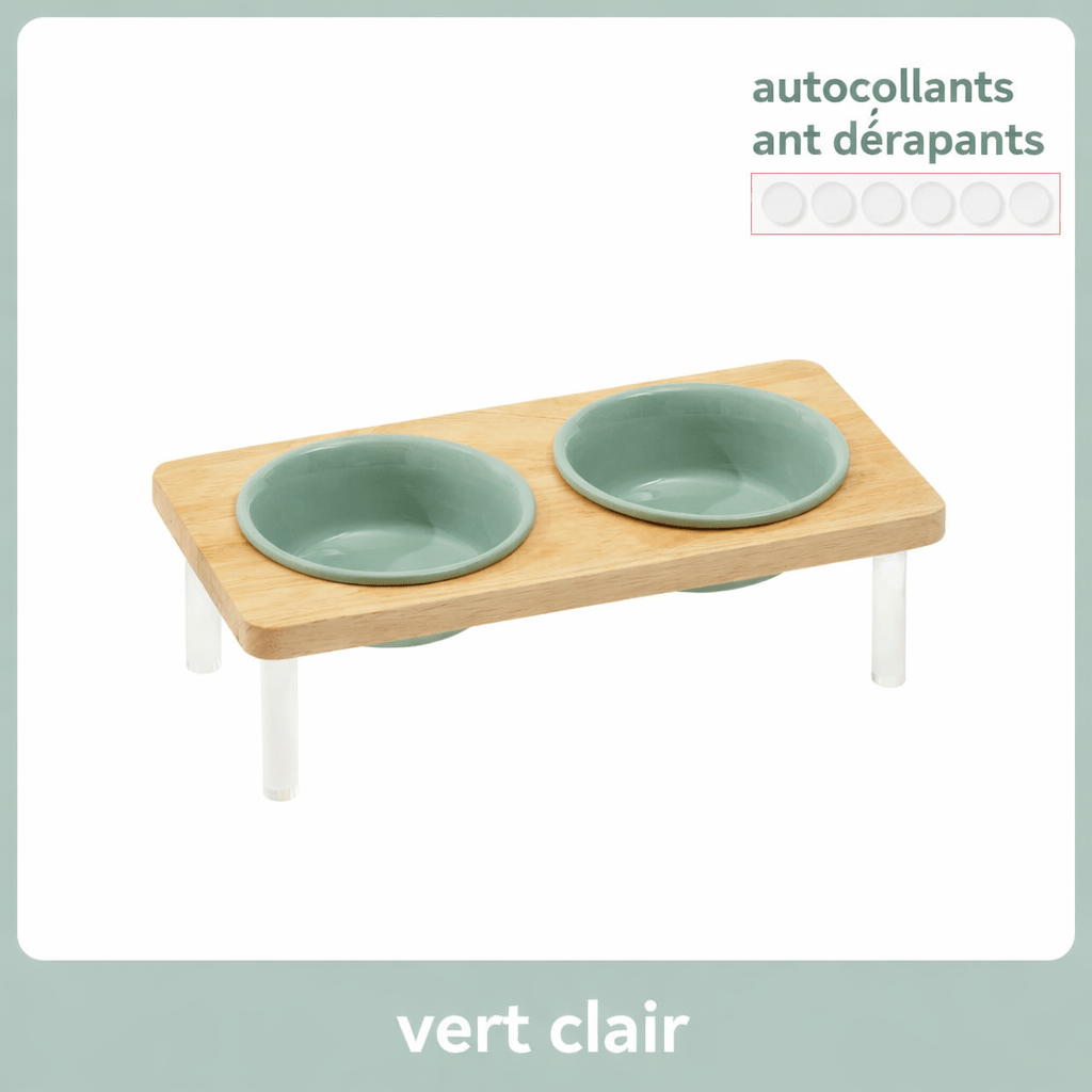 Gamelle surélevée pour chat MiaouTable, coloris vert clair, avec support en bois naturel et autocollants antidérapants.