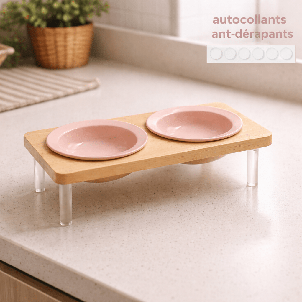 Gamelle surélevée pour chat en céramique rose avec support en bois et autocollants antidérapants, MiaouTable