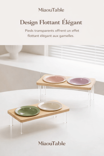 Gamelle surélevée MiaouTable en céramique et bois avec pieds transparents, design flottant créatif pour chats.