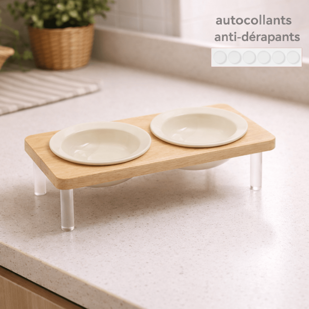 Gamelle surélevée pour chat en céramique blanche avec support en bois et autocollants antidérapants, MiaouTable.