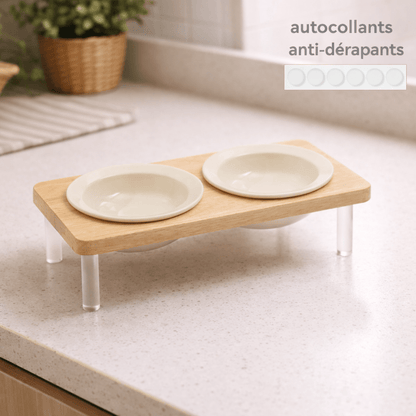 Gamelle surélevée pour chat en céramique blanche avec support en bois et autocollants antidérapants, MiaouTable.