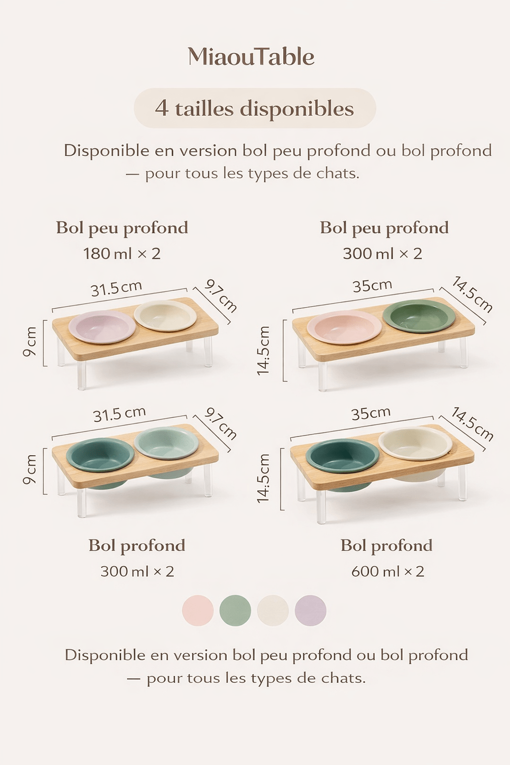Tableau des 4 tailles de gamelles surélevées MiaouTable en céramique et bois, avec dimensions et capacités pour bols profonds et peu profonds.