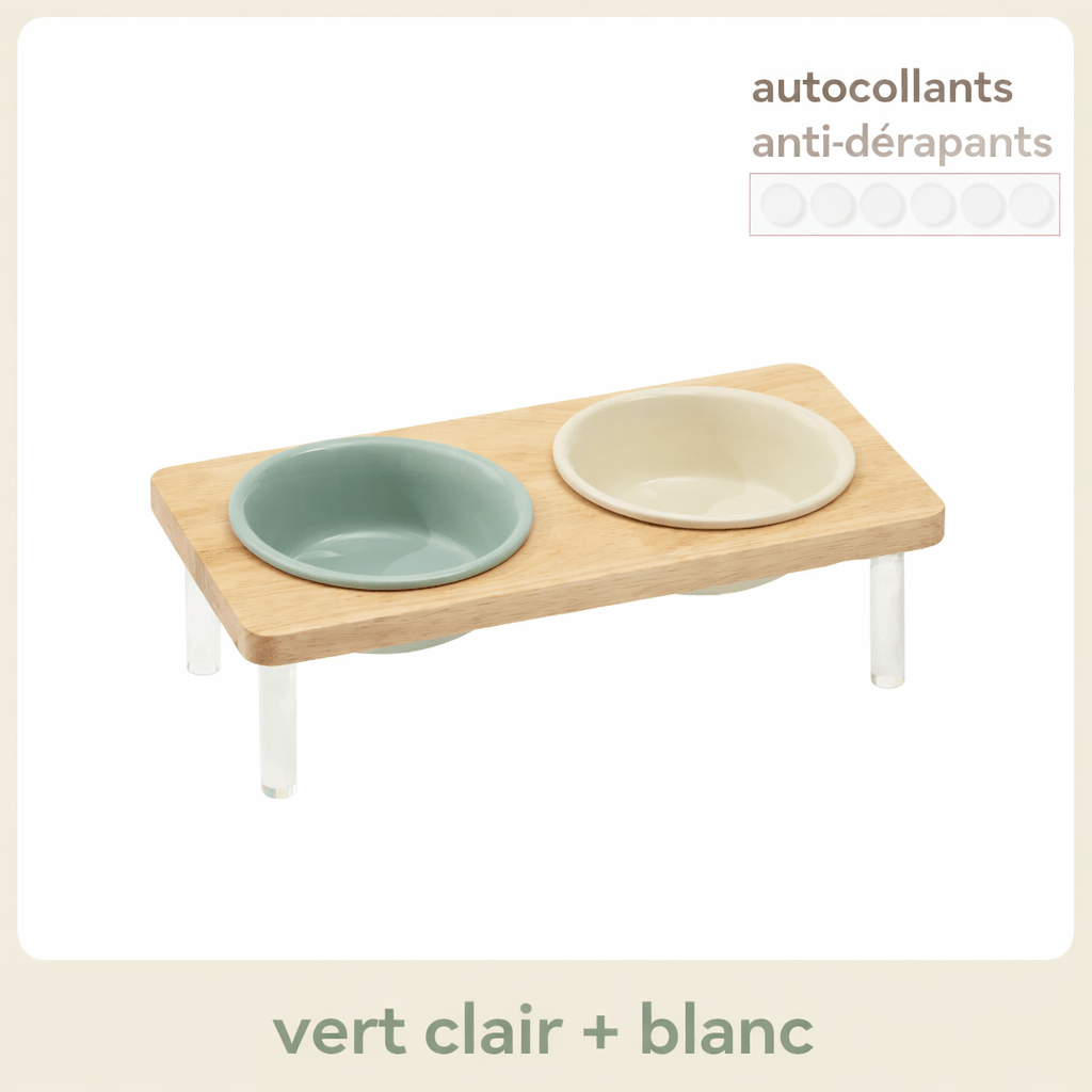 Gamelle surélevée double en céramique vert clair et blanc avec support en bois naturel et pieds antidérapants – MiaouTable