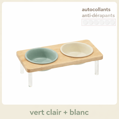Gamelle surélevée double en céramique vert clair et blanc avec support en bois naturel et pieds antidérapants – MiaouTable
