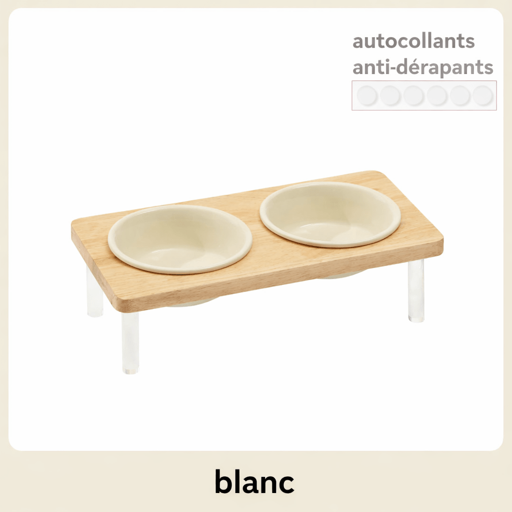 Gamelle surélevée double pour chat en céramique blanche avec support en bois naturel et pieds transparents anti-dérapants.
