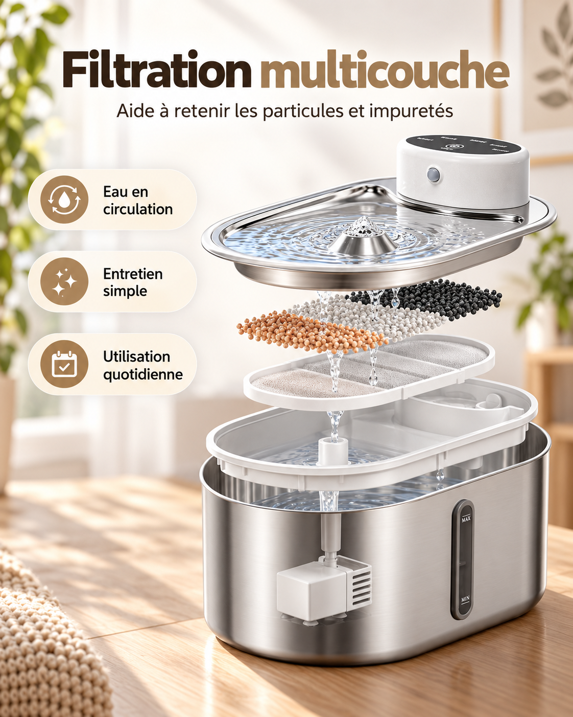 Vue éclatée de la fontaine à eau pour chat montrant le système de filtration multicouche et la circulation de l'eau