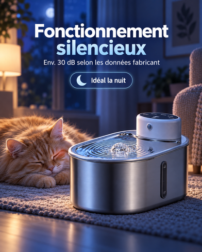 Fontaine à eau silencieuse pour chat, environ 30 dB selon les données du fabricant, idéale la nuit avec un chat endormi à côté.