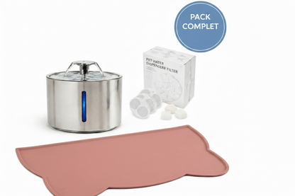 Pack Starter Hydratation Complète pour Chat - Fontaine à Eau Inox 304 2,5L + 6 Filtres de Rechange + Tapis Silicone  rose