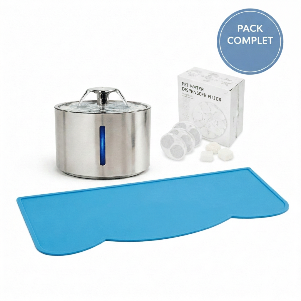 Pack Starter Hydratation Complète pour Chat - Fontaine à Eau Inox 304 2,5L + 6 Filtres de Rechange + Tapis Silicone bleu