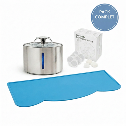 Pack Starter Hydratation Complète pour Chat - Fontaine à Eau Inox 304 2,5L + 6 Filtres de Rechange + Tapis Silicone bleu
