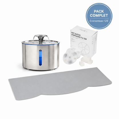 Pack Starter Hydratation Complète pour Chat - Fontaine à Eau Inox 304 2,5L + 6 Filtres de Rechange + Tapis Silicone Antidérapant - Économisez 12€