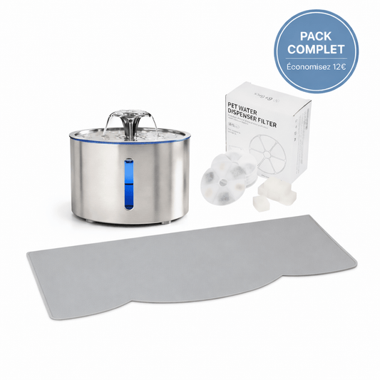Pack Starter Hydratation Complète pour Chat - Fontaine à Eau Inox 304 2,5L + 6 Filtres de Rechange + Tapis Silicone Antidérapant - Économisez 12€