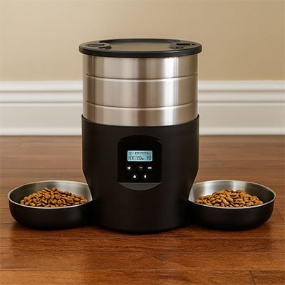 Intérieur du distributeur de croquettes montrant le réservoir de stockage