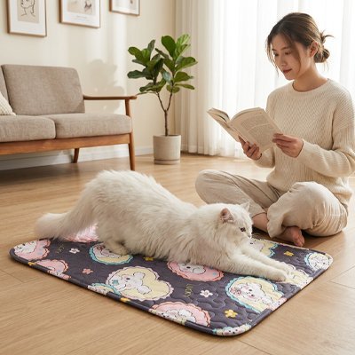 Tapis rafraichissant Chat et chat au confort sur le tapis à côté de son maître 