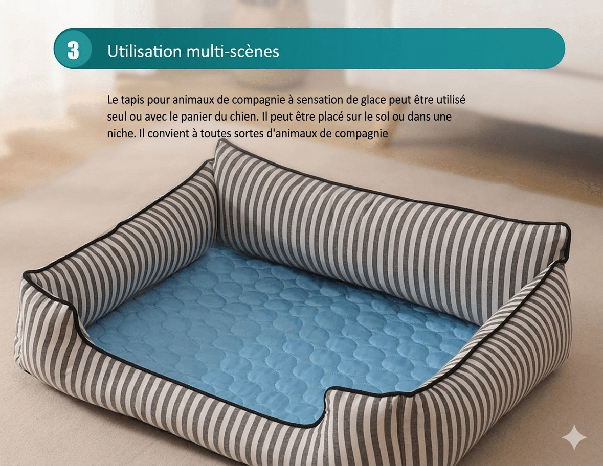 Tapis rafraîchissant bleu placé dans un panier rayé pour chien – utilisation multi-scènes sol ou niche