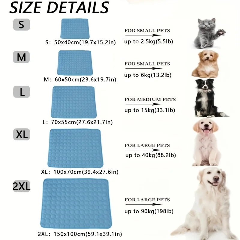 Guide des tailles tapis rafraîchissant – S 50x40cm, M 60x50cm, L 70x55cm, XL 100x70cm, 2XL 150x100cm pour chat et chien