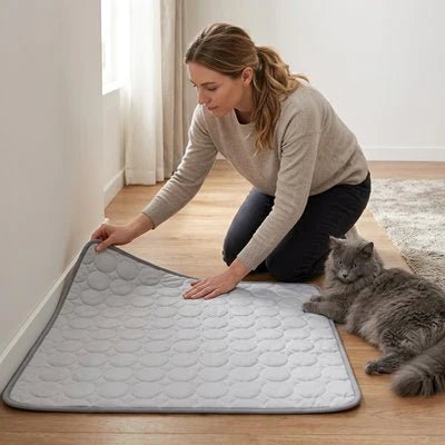 Femme dépliant un tapis rafraîchissant gris pour chat – texture bulles soie de glace, chat gris british shorthair à côté