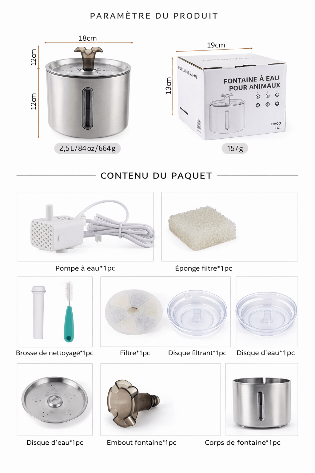 Infographie en français présentant les paramètres du produit et le contenu du paquet d'une fontaine à eau pour animaux en acier inoxydable, avec dimensions, et capacité accessoires inclus