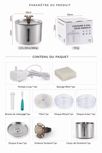 Infographie en français présentant les paramètres du produit et le contenu du paquet d'une fontaine à eau pour animaux en acier inoxydable, avec dimensions, et capacité accessoires inclus