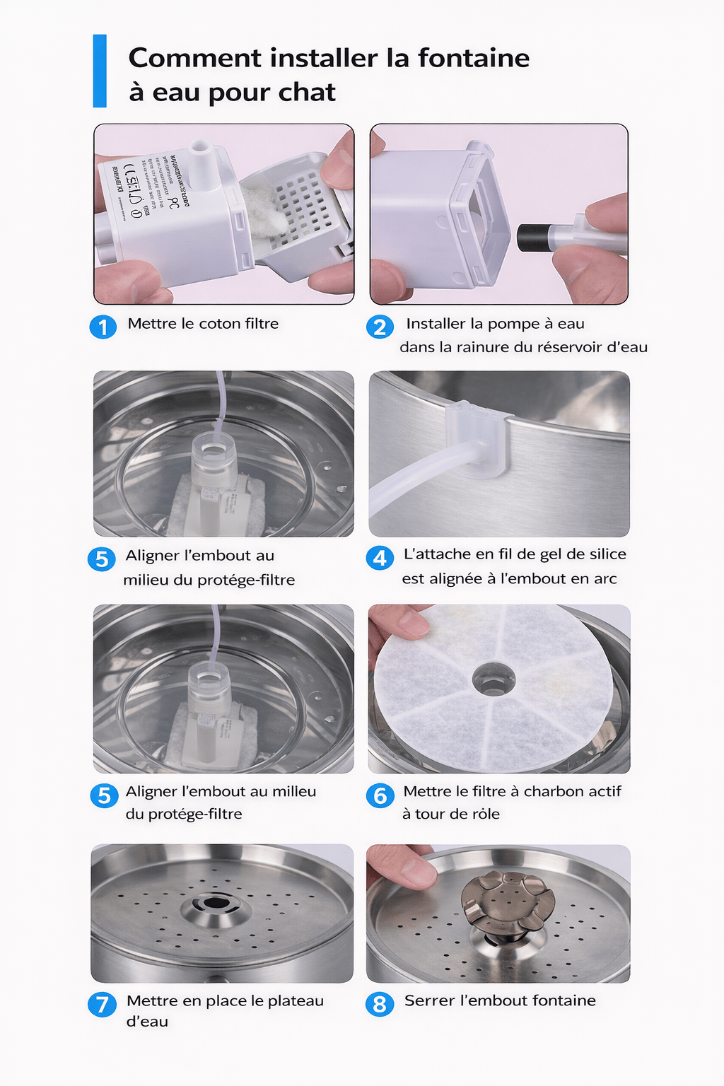 Guide étape par étape en français affichant comment installer une fontaine à eau pour chat, avec images détaillées des différentes étapes d'assemblage de la pompe, du filtre et des composants