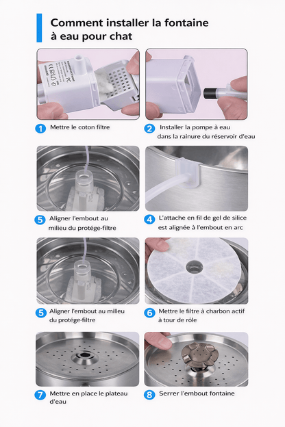 Guide étape par étape en français affichant comment installer une fontaine à eau pour chat, avec images détaillées des différentes étapes d'assemblage de la pompe, du filtre et des composants