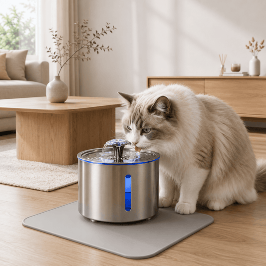 Fontaine à eau pour chat en acier inoxydable au design moderne et silencieux, intégrée dans un salon au style scandinave chaleureux avec un chat à poils longs en train de boire.
